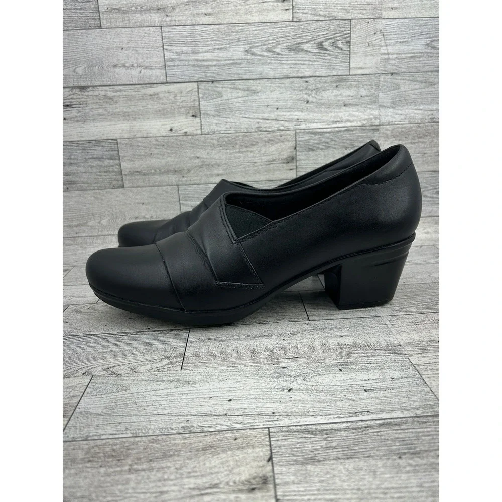 Clarks Collection Women Black Leather Slip On Block Heel Shoes Size‎ 9.5M